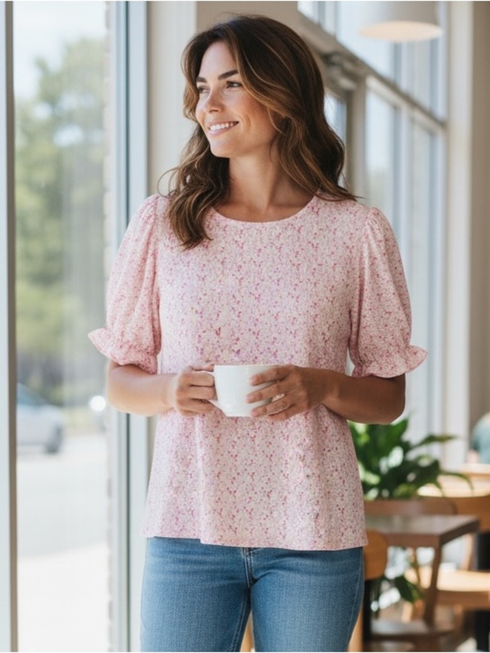 Pink Floral Ruffle-Sleeve Blouse
